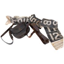 A leather bus conductor's bag, a Vintage leather bus conductor's bag, associated belt and harness,