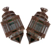 A pair of Moroccan style green and mirrored glass porch lights, H48cm