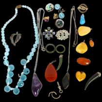 A boxed of mixed jewellery, including amber, agate and turquoise pendants, silver and marcasite