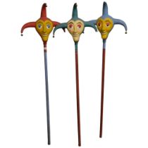 3 Vintage novelty jester heads on stands, H154cm