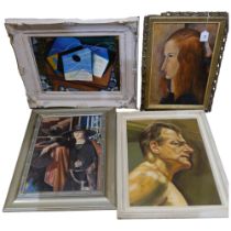 A group of 4 modern oils on board. 3 portrait studies and another, all framed.