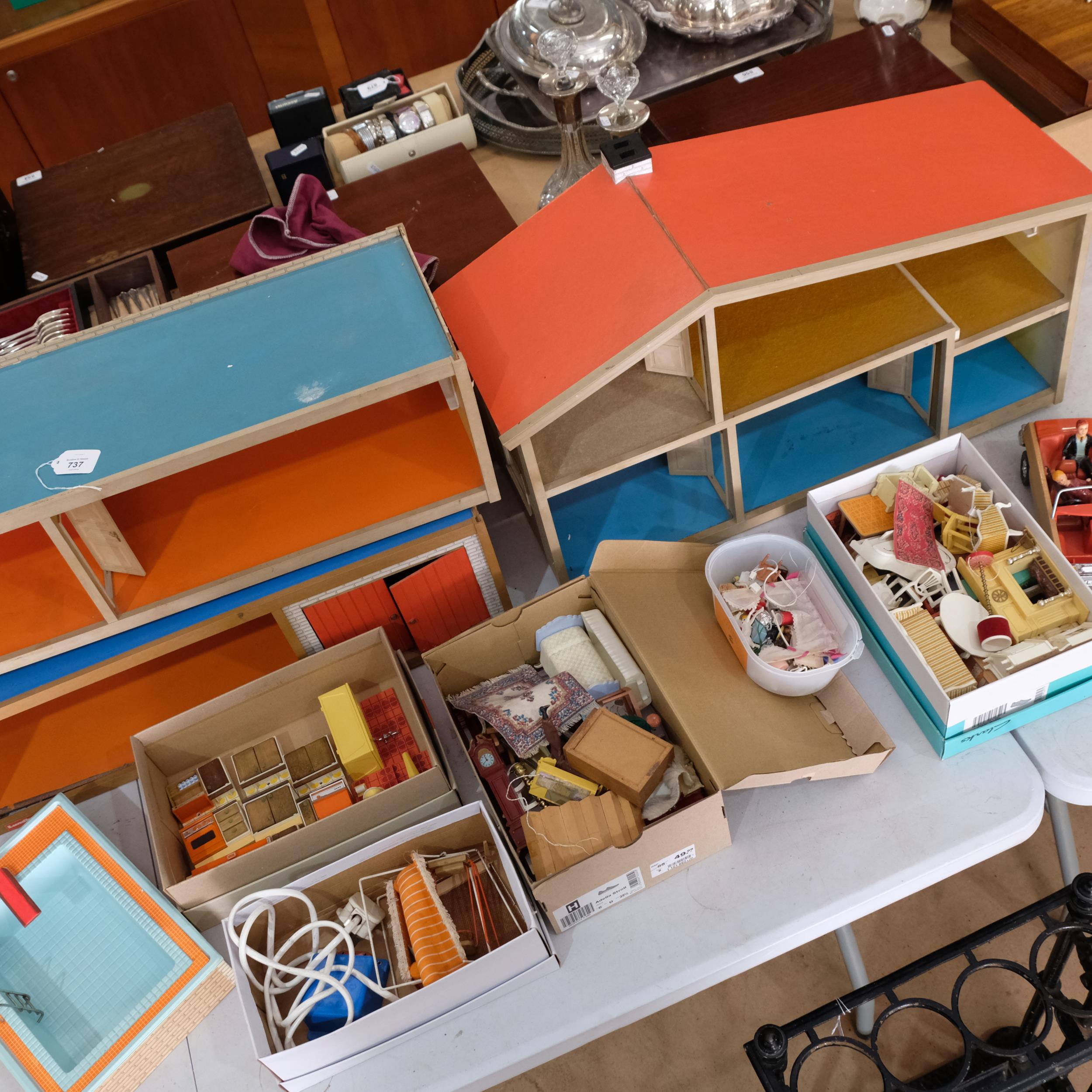 LUNDBY A large mid-century hand-built wooden doll's house, 3 separate sections including garage - Image 2 of 2