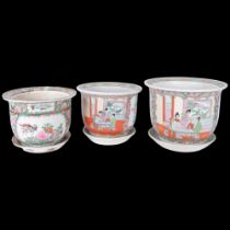 3 similar Chinese porcelain jardinieres with stands, largest 27.5cm diameter