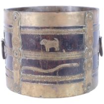 A 19th century Anglo-Indian wood and brass bound bucket, with ring handles, applied strapwork and