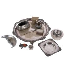 A silver plated mouse pin cushion, a dog head pillbox, a pig button hook, rabbit match case,