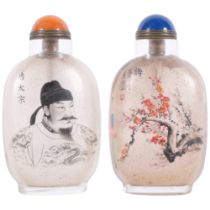 2 Chinese inside-painted glass snuff bottles, including erotic example with hardstone lid, signed,