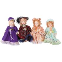 A set of 4 miniature porcelain modern dolls with jointed limbs, 12cm