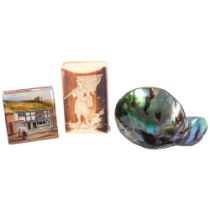 An abalone shell caddy spoon, a horn/Bakelite Vesta case, and a reverse painted glass stamp case (3)