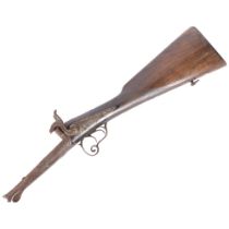 A 19th century double-barrel percussion rifle stock, comprising stock trigger and hammers, L56cm