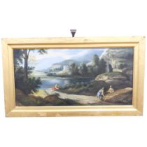 Gilt-framed oils on board, Classical figures by a lake, 40cm x 70cm overall