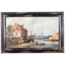 A modern contemporary oil on board, harbour or fishing scene, framed, 40cm x 60cm