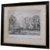 A 19th century monochrome stone engraving, study of Shand Hall, Coxwold, Yorkshire. 55x61cm,