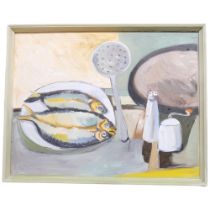Clive Fredriksson, oil on board, mackerel, 44cm x 55cm overall, framed (unsigned)