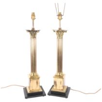A pair of brass Corinthian column table lamps, on stepped plinth bases. H to bayonet - 74cm.