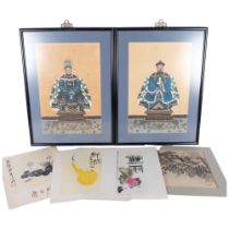 A pair of Ancestor figure paintings, framed, 57cm x 42cm, a Japanese ink painting of an owl, and a