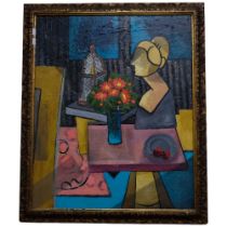 Carol Maddison - A contemporary oil on board, abstract still life, signed. 77x59cm. Framed.