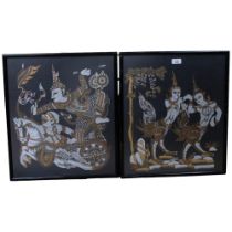 A pair of South East Asian prints on silk, Kinnaree and Kinnara / Rama and Hannuman on chariot,