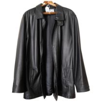 A Vera Pelle gentleman's black leather jacket, size XL?, and a lady's black rain mac, size 12 (2)