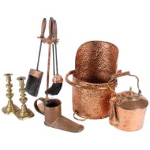An Antique copper ale warmer, a pair of brass candlesticks, an Antique copper kettle, unmarked, an