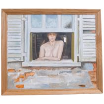 Acrylics on board, nude young woman looking out of a shuttered window, 58cm x 67cm