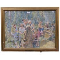 Whitbread hop pickers print, by T C Dugdale, 1937, gilt-frame, 59cm x 78cm overall