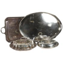 A group of plated ware to include an oval galleried tea tray, W61cm, a rectangular 2-handled tea