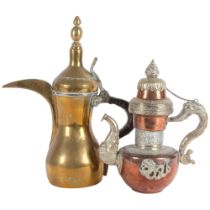 A Turkish brass dhalla with wicker-covered handle, and a Tibetan coffee pot with applied dragon