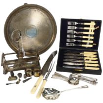 A cased set of fish cutlery, a cased dessert set, a carving set, preserve stand, 2 silver thimbles