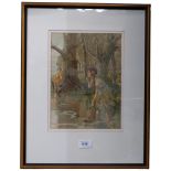 Girl collecting water from a lake, early 20th century watercolour, unsigned, 27cm x 20cm, framed