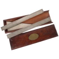 A cased set of 2 Victorian steel rulers and a triangle, the Edward wrench. Presented to Henry