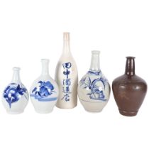 A group of 5 Sake bottles and Oriental vases, various designs and sizes, largest height 38cm