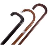 2 hardwood walking canes and another stick with heavy silver mounts (3)