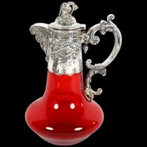 A good quality 19th century silver plate mounted ruby glass Claret jug, with grapevine knop, 25cm No