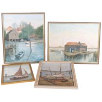 A group of 4 oils on board, harbour and sailing boat scenes, all framed, unsigned, largest 52cm x