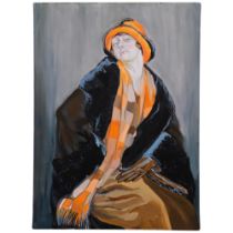 Clive Fredriksson - oil on canvas - lady dressed for winter. 80x59cm, unframed, unsigned.