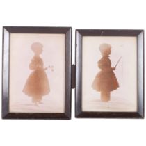 2 Antique silhouette portraits, framed, 1 of a little girl with a flower, inscription on the reverse