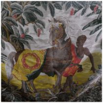 A large woolwork tapestry wall hanging with tab top, depicting a horse and rider in foliate