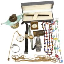 A group of various wristwatches and costume jewellery, including a painted glass bead necklace, a