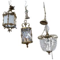 Hexagonal brass hanging lantern, with etched frosted panels, a cylindrical brass lantern, and a