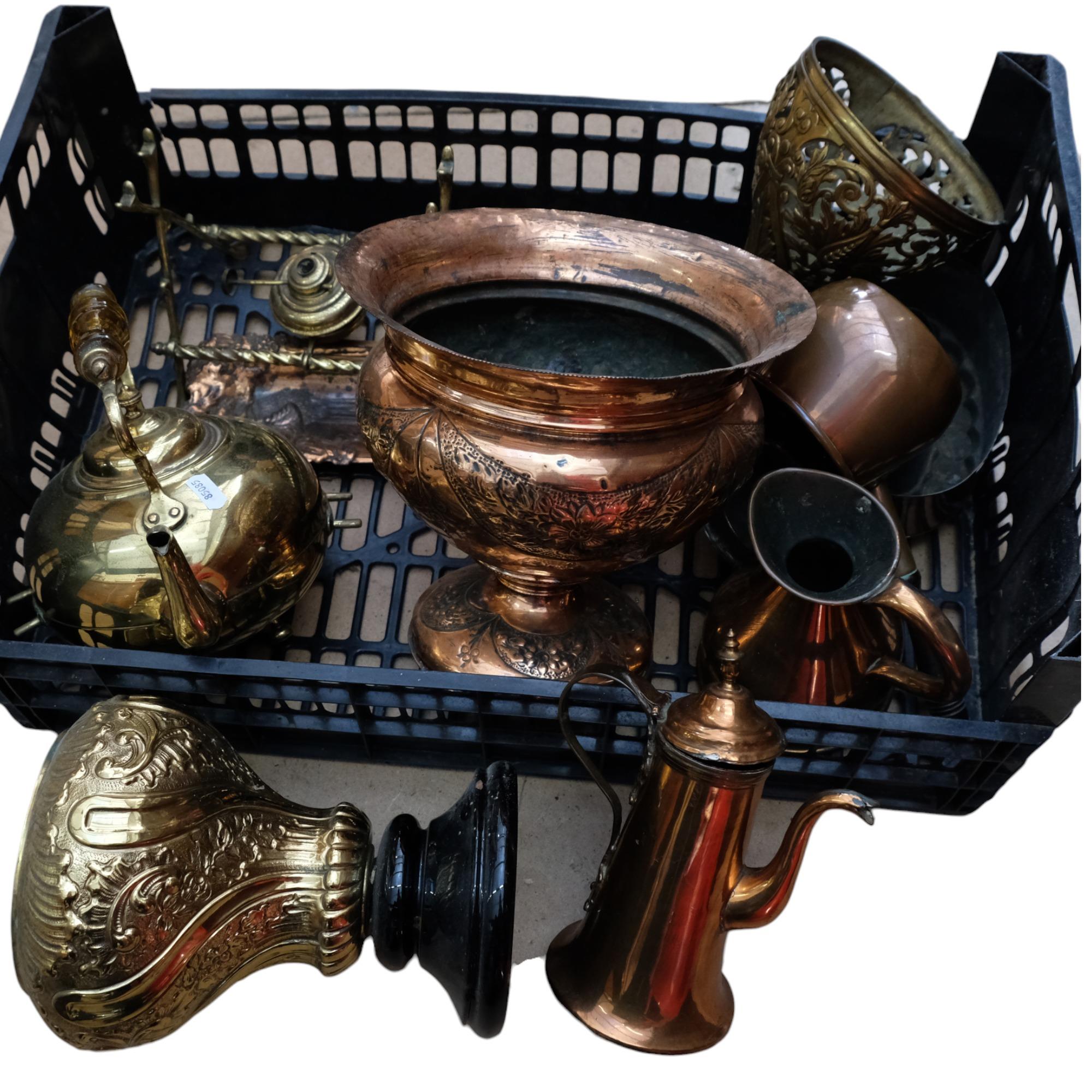 A quantity of brass and copper items, including embossed copper jardiniere (H-22cm), copper