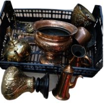 A quantity of brass and copper items, including embossed copper jardiniere (H-22cm), copper