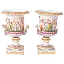 A pair of early 20th century Naples campana urns on marble bases, H21cm 1 of the vase handles has