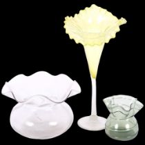 3 pieces of Arts and Crafts wavy edged glass, including a Jack in the Pulpit vase, early 20th