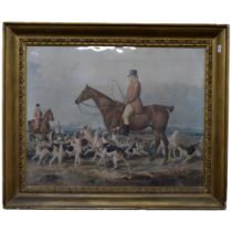 A 19th century coloured print - The Hunt. 64x77cm, gilt framed. With information verso.