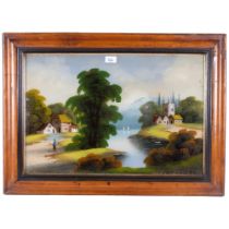 A reverse painted picture on glass, landscape scene, framed, 55cm x 75cm