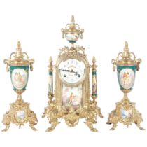 FRANZ HERMLE - A modern gilt-metal and porcelain clock garniture, with Sevres style panels, French