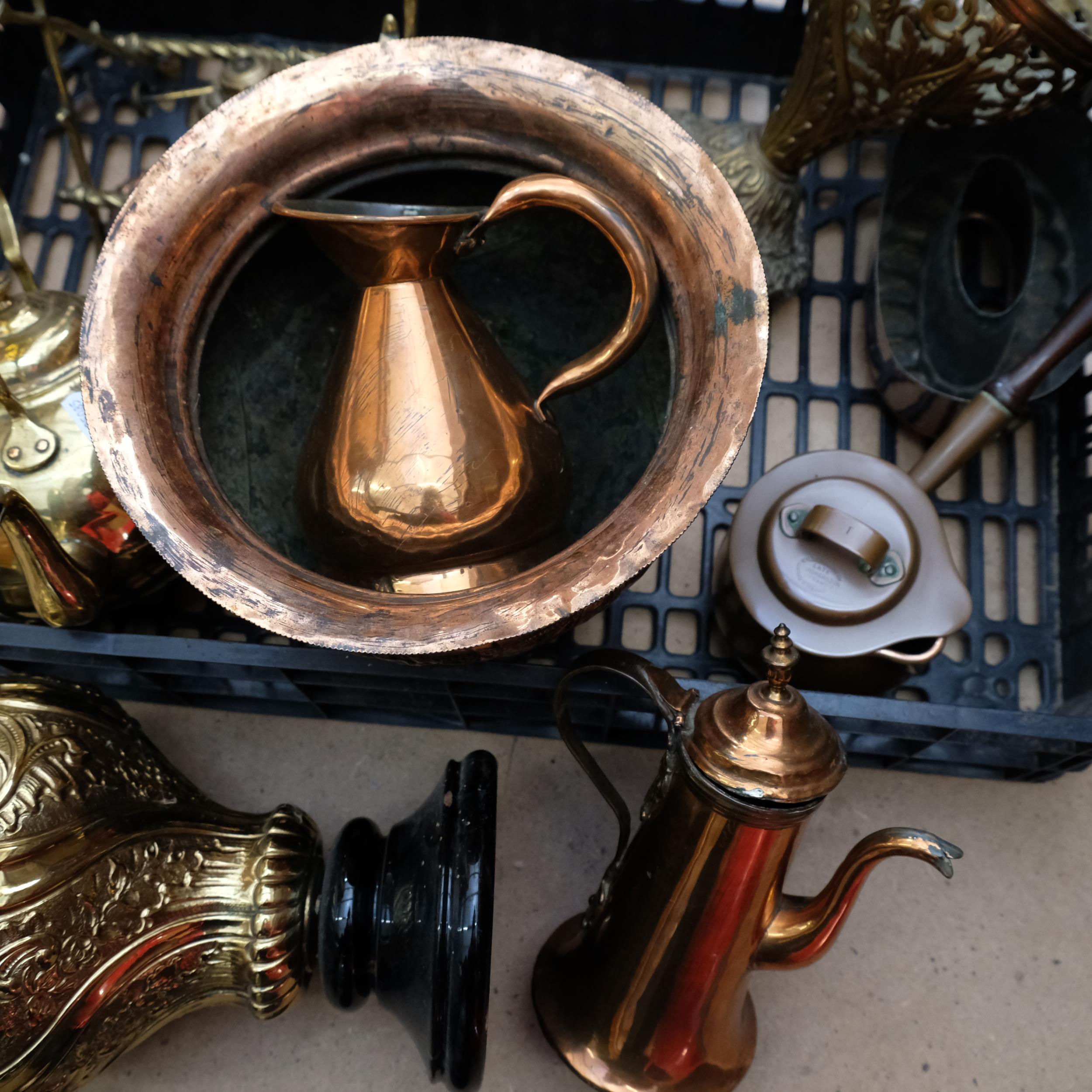 A quantity of brass and copper items, including embossed copper jardiniere (H-22cm), copper - Image 2 of 2