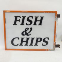 A double-sided illuminated Vintage Fish and Chip sign, previously from a local fish and chip shop in