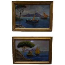 A pair of contemporary oil on boards, Italian fishing boats. 41x57cm, gilt framed.