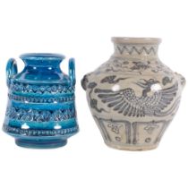 An Aldo Londi Bitossi 2-handled pot, and a Middle Eastern glazed clay pot, with painted bird